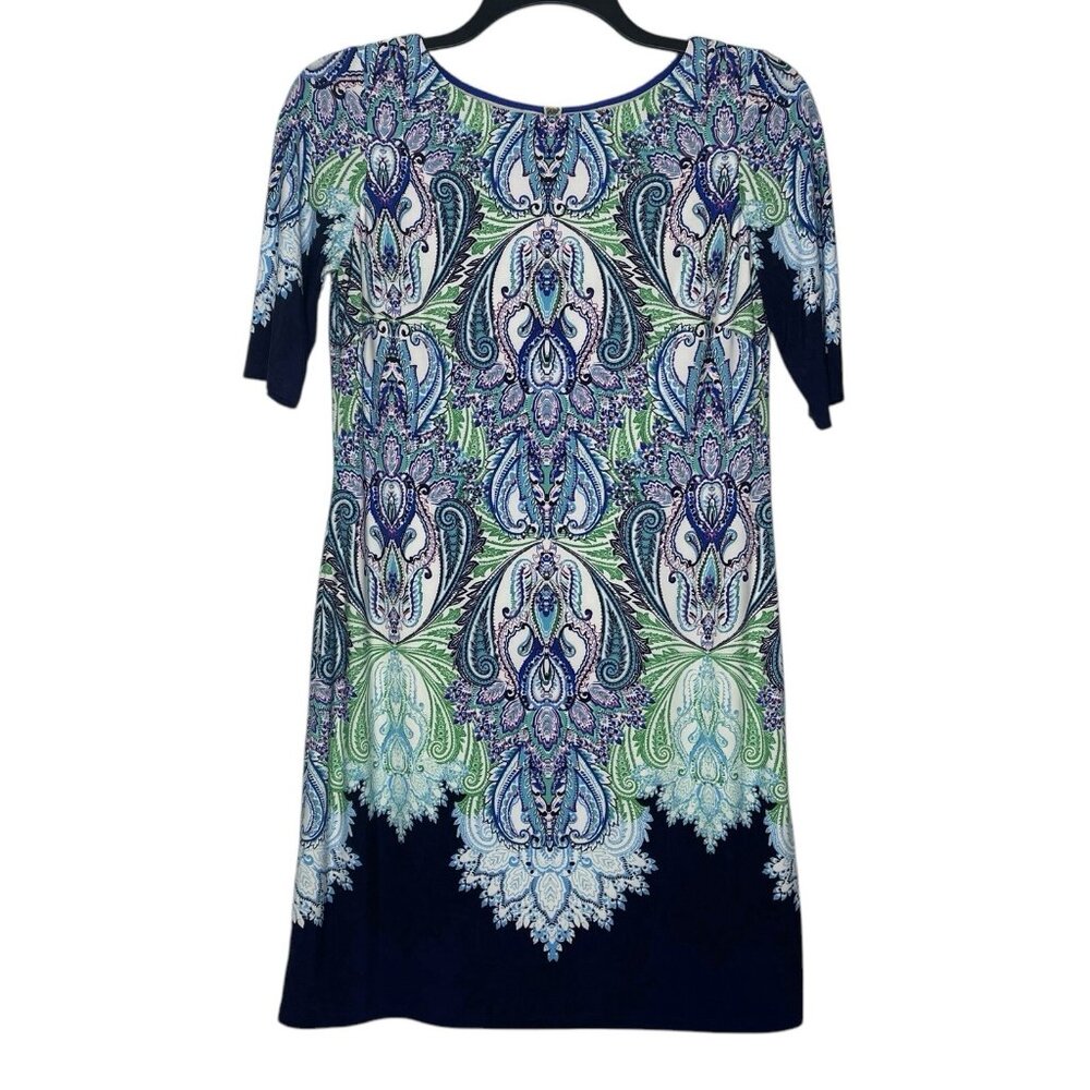 Eliza J Paisley Dress Size 8 Round Neck Half Sleeve Back Zip Womens